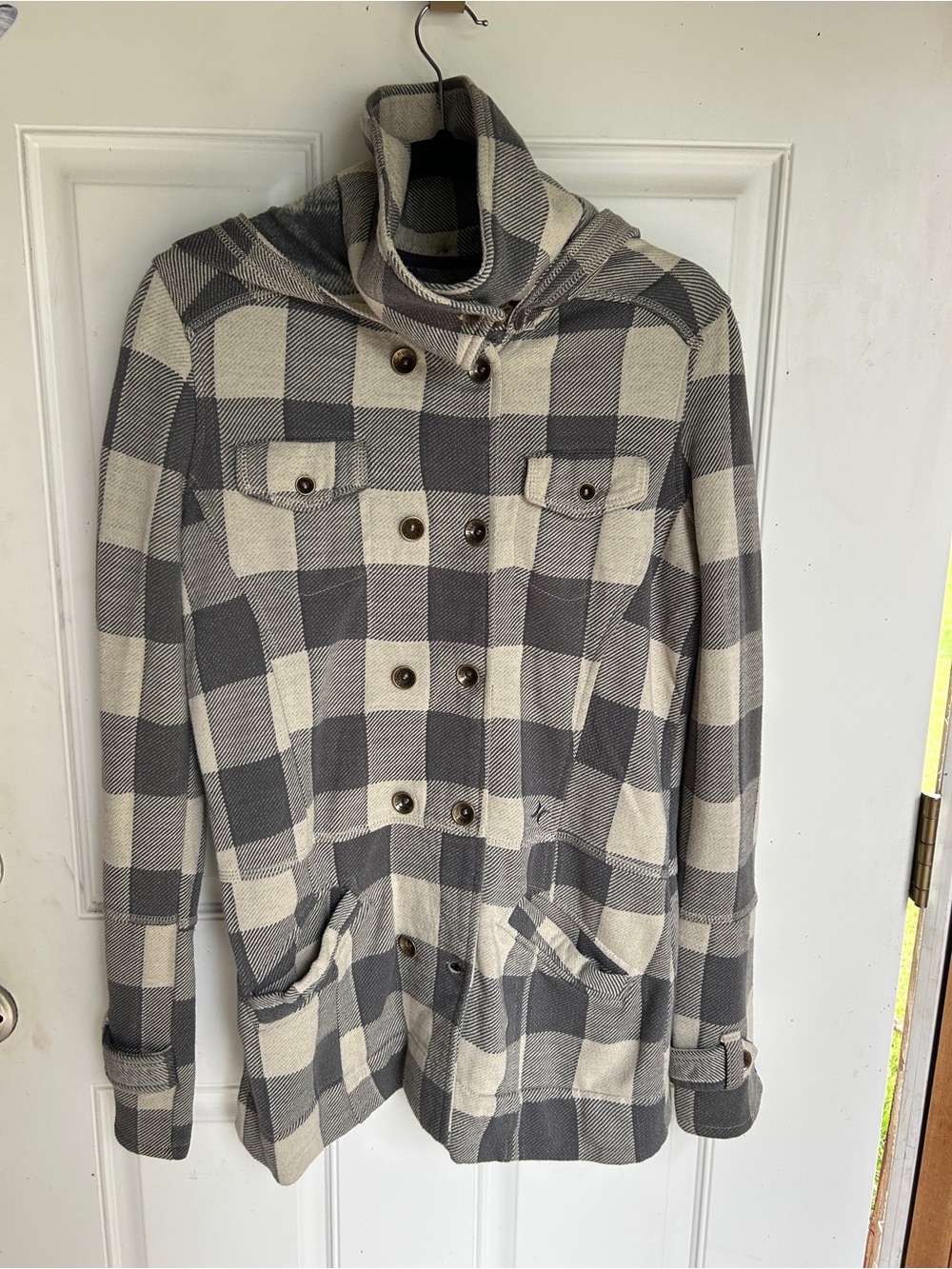 Hurley Cream & Gray Plaid Double-Breasted Pea Coat